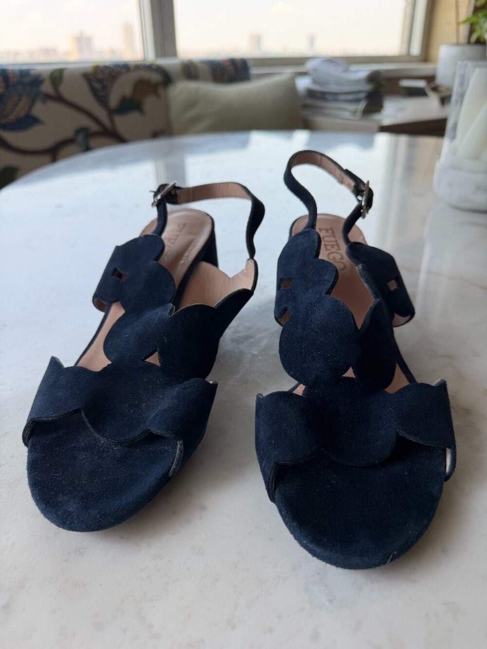 Fuego Blue Suede Scalloped Sandals